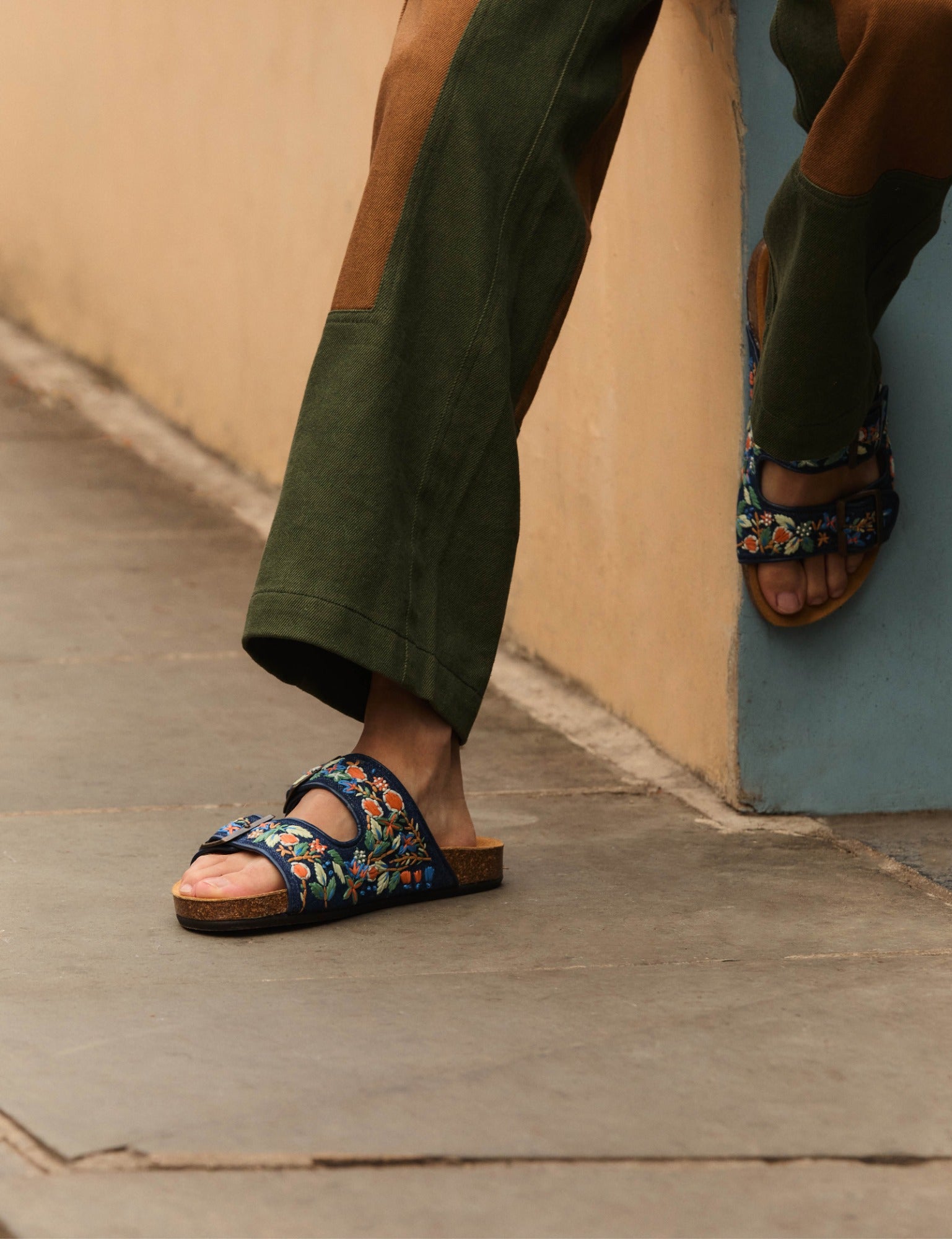 Pool Embroidered Denim Slide